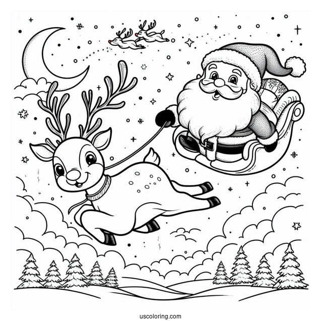 Santa Flying In The Sky With His Reindeer To Color