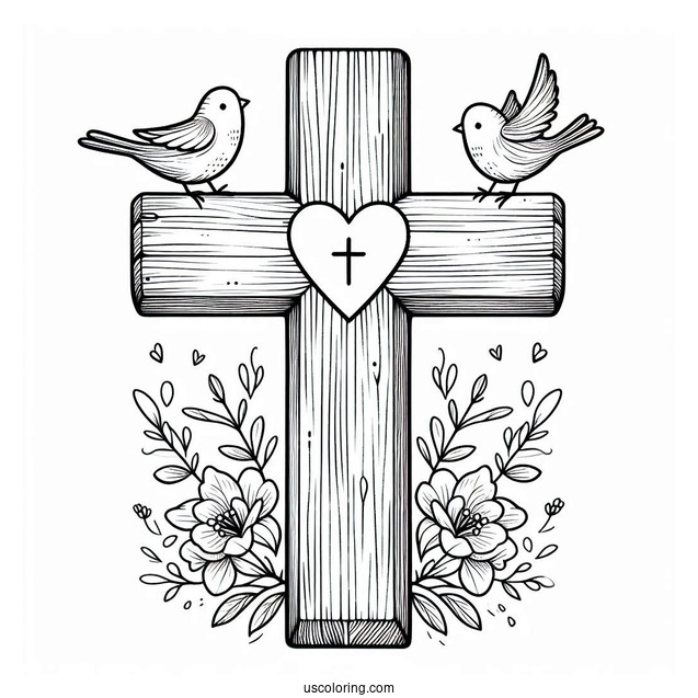 Wooden Easter Cross With Love Heart And Birds