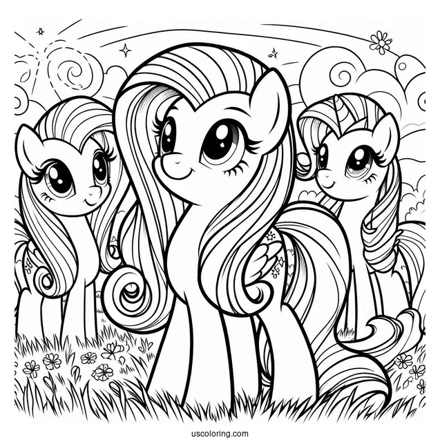 Smiling Fluttershy, Rarity, and Twilight Sparkle in Field