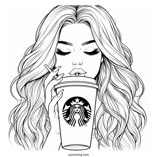 Woman Drinking From A Massive Starbucks Coloring Page Of Cup
