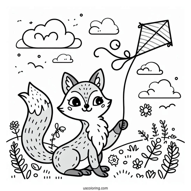Small Fox Flying A Kite Coloring Page For Preschoolers