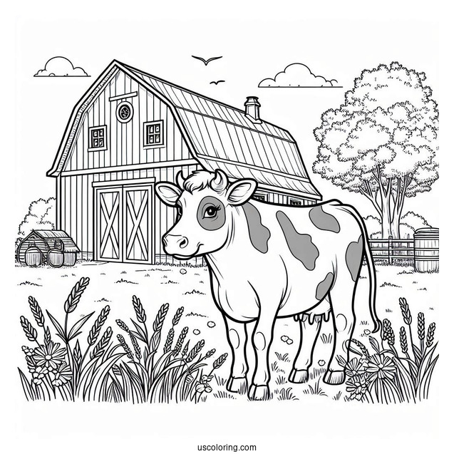 Cow Grazing In Front Of Farm Barn