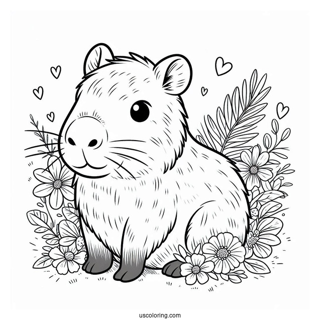 Cute Capybara Coloring Page With Flowers For Kids