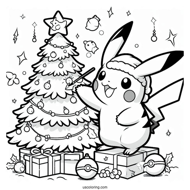 Pokemon Christmas Coloring Page Pikachu Decorating A Christmas Tree
