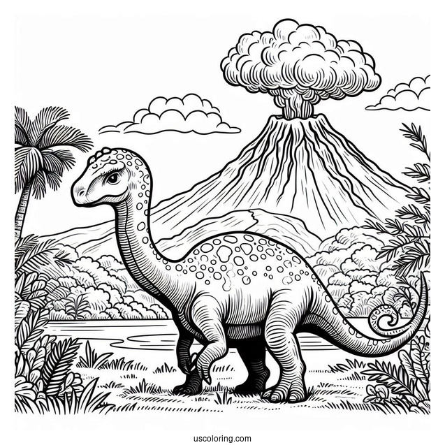 Parasaurolophus Dinosaur With Volcano In The Background
