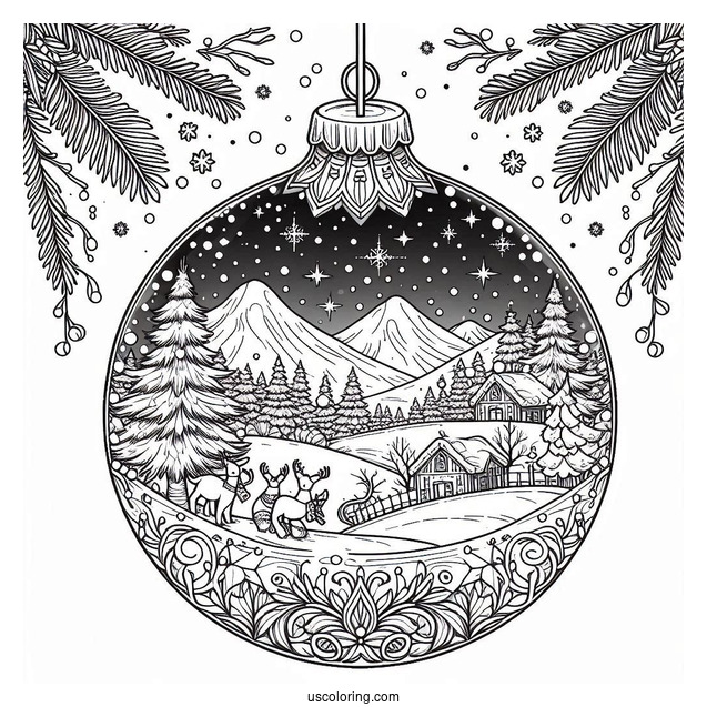 Detailed Winter Landscape Inside Bauble Christmas Ornaments Coloring Page