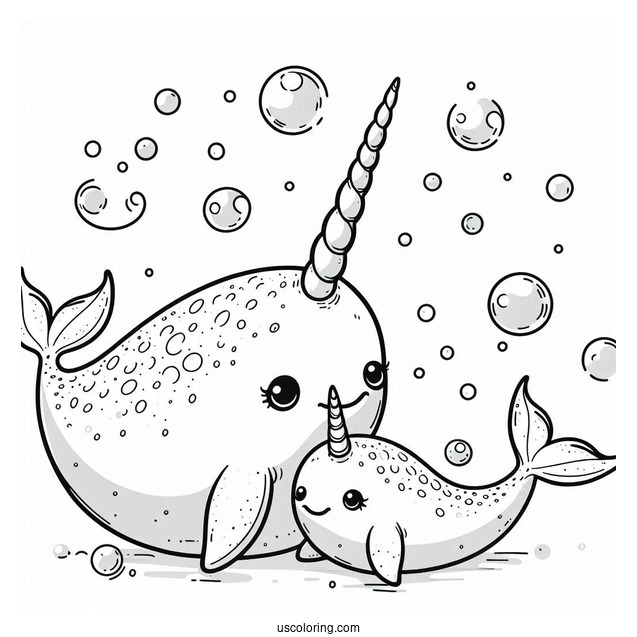 Mama And Baby Narwhal Coloring Page Surrounded By Bubbles