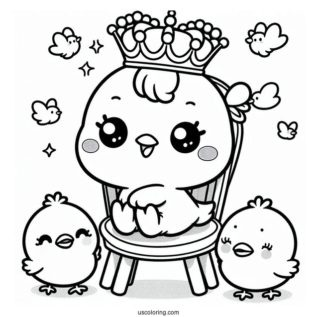 Pochacco Coloring Page Wearing Crown While Sitting On Chair With Choppy And Chicks