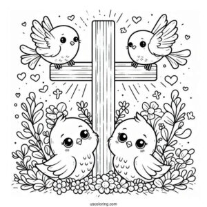 Cute Little Birds Surrounding A Cross Coloring Page For Kids