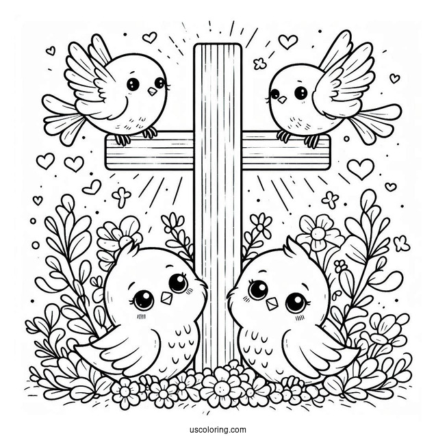 Cute Little Birds Surrounding A Cross Coloring Page For Kids