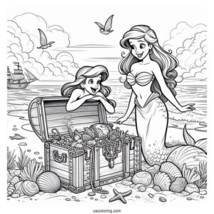 Treasure And Ariel Playing At The Beach Coloring Page