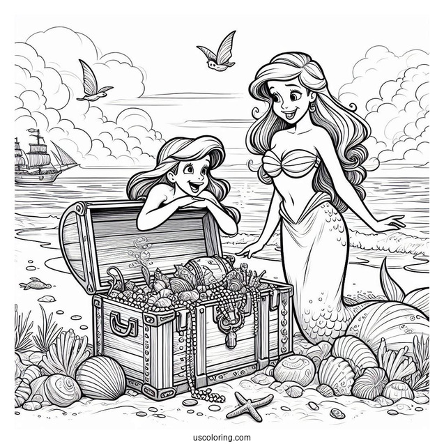 Treasure And Ariel Playing At The Beach Coloring Page