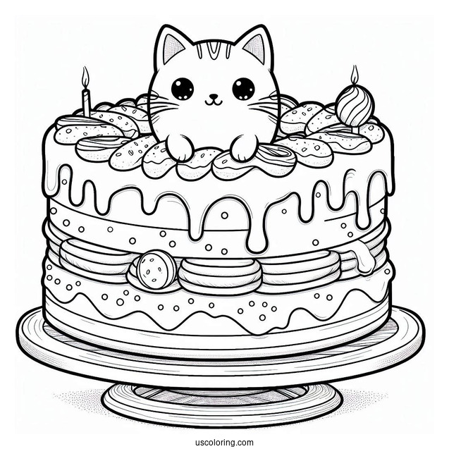 Cute Two-Layered Donut Cake With Cat Topper Coloring In