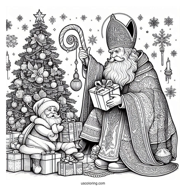 Saint Nicholas Putting Gifts Under Christmas Tree