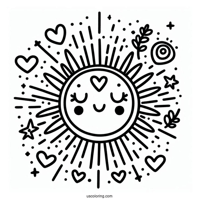 Adorable Summer Coloring Page Of Sun With Love Heart Sunrays For Preschoolers