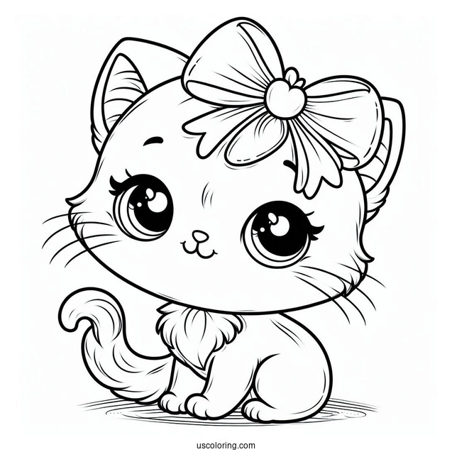 Coloring Page Of Adorable Cartoon Cat With Bow