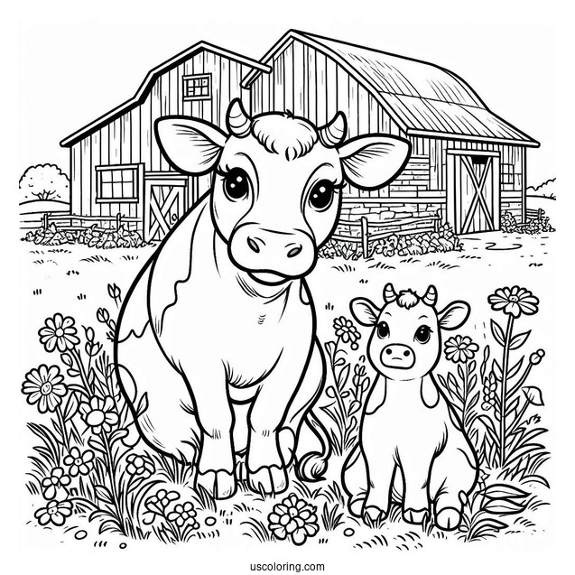 Cow Grazing In Front Of Farm Barn