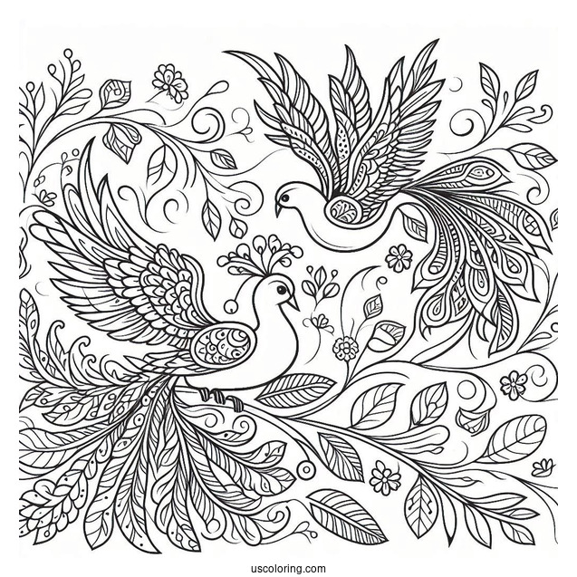 Majestic Nature With Birds Pattern Coloring Page