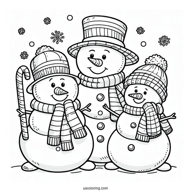 Cheerful Looking Snowmen In The Snow To Color