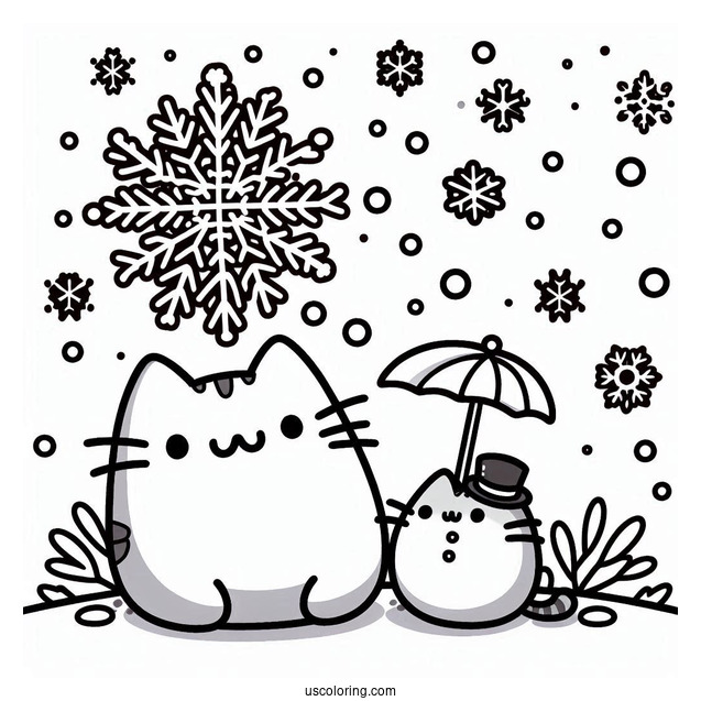 Snowflake Coloring Page Falling On Pusheen, Stormy, And Snowman