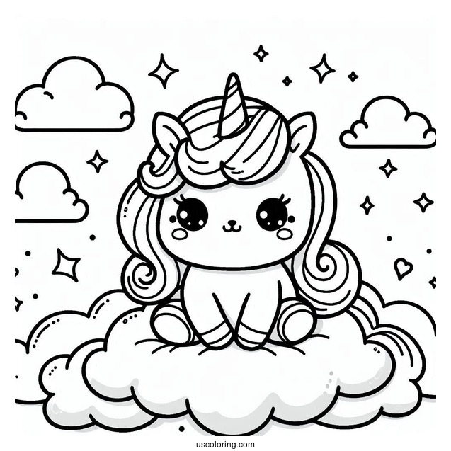 Chubby Little Unicorn Sitting On A Cloud Coloring Page