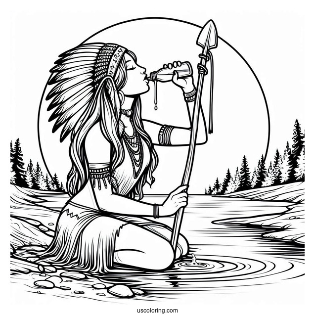 Native American Coloring Page Woman Holding Spear While Drinking From River