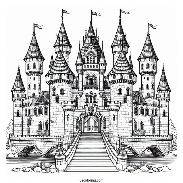 Front View Of A Castle Coloring Page With Bridge And Moat