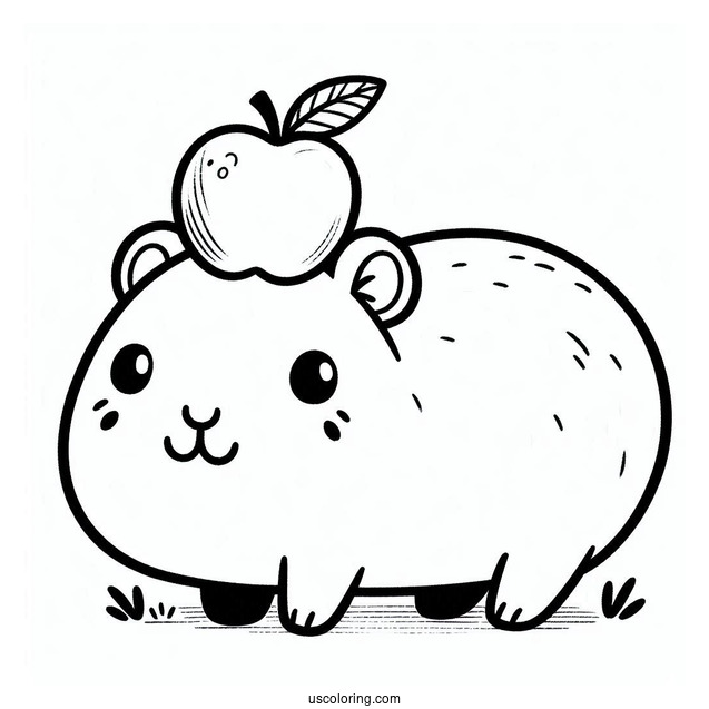 Easy Cute Capybara Coloring Page With An Apple On Its Head