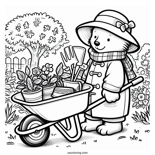 Paddington Coloring Page Pushing A Wheelbarrow Full Of Gardening Tools
