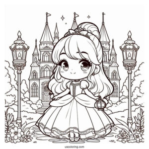 Chibi Cinderella Standing Outside The Castle With Lamps Coloring Sheet For Kids