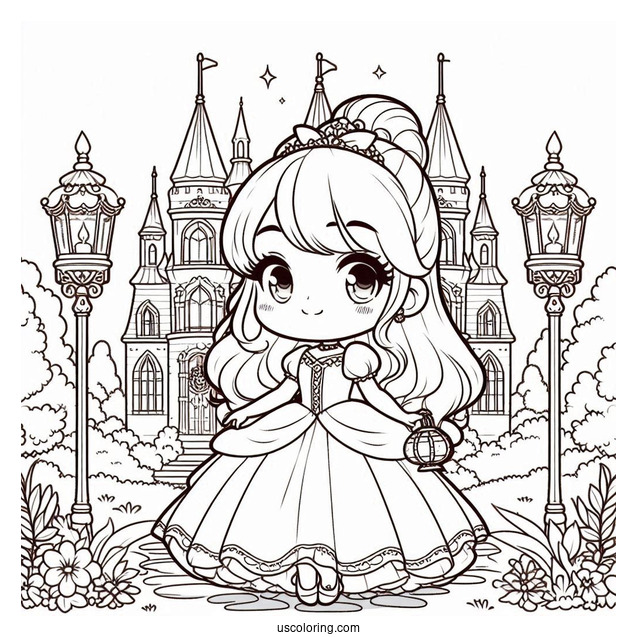 Chibi Cinderella Standing Outside The Castle With Lamps Coloring Sheet For Kids