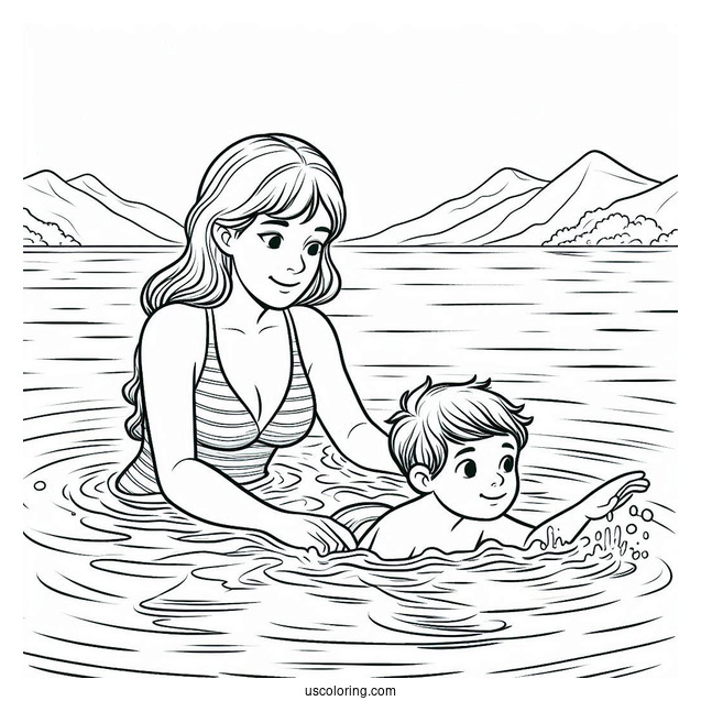 Swimming Coloring Page Of Mother Teaching Son To Swim