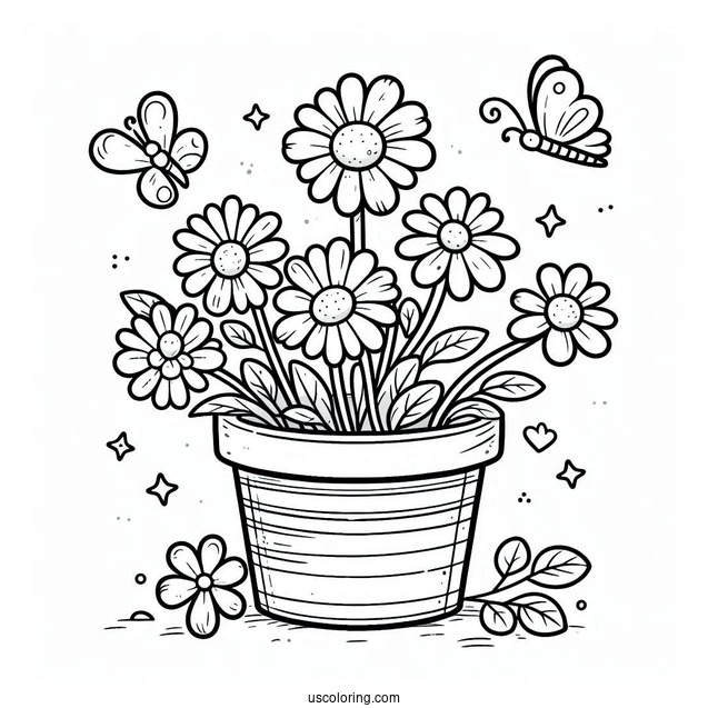 Flower Coloring Pages Of Daisies In Cartoon Pot With Butterfly