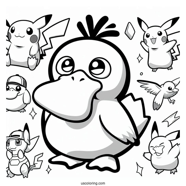 Psyduck Coloring Page With Pikachu Pokemon Poster