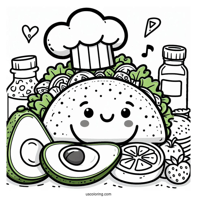 Cartoon Taco With Chef Avocado Coloring Page For Kids
