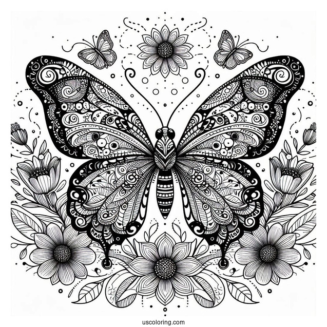Complex Butterfly Coloring Page And Flower Mandala