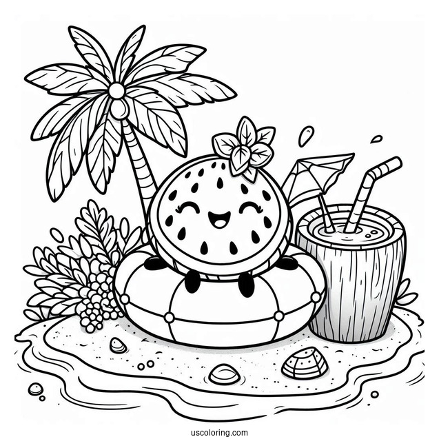Summer Coloring Page Of Happy Watermelon On A Floatie With A Coconut Drink