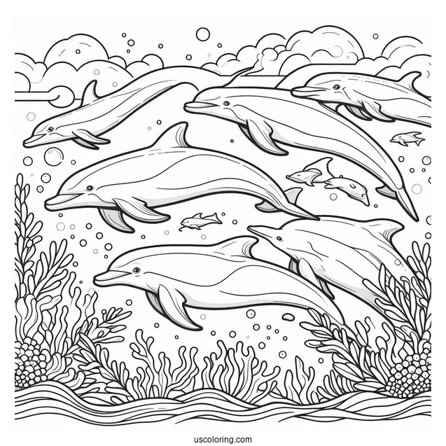 Pod Of Dolphins Underwater Coloring Page