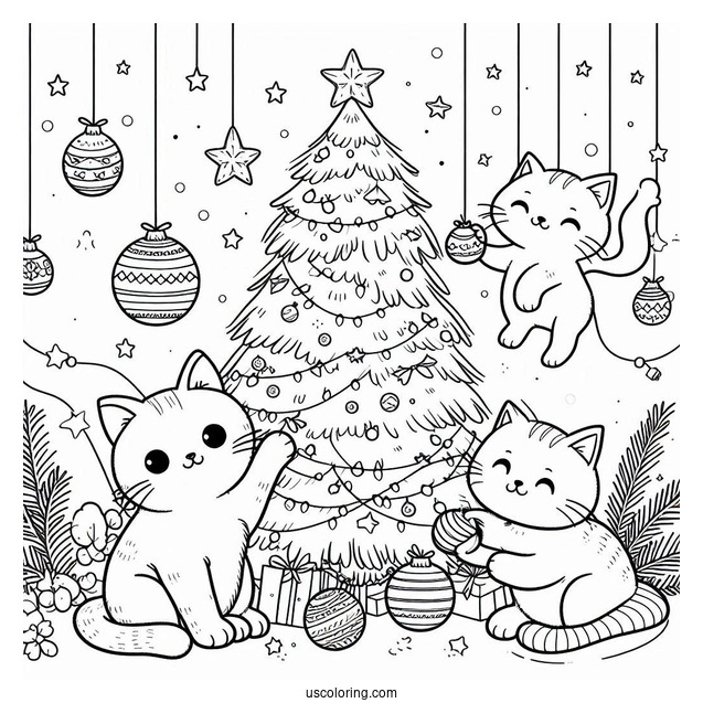 Cats Playing With Christmas Tree Coloring Sheet