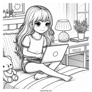 Little Girl Watching On Her Laptop While Lounging In Her Bedroom Coloring Page