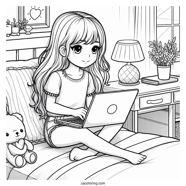Little Girl Watching On Her Laptop While Lounging In Her Bedroom Coloring Page