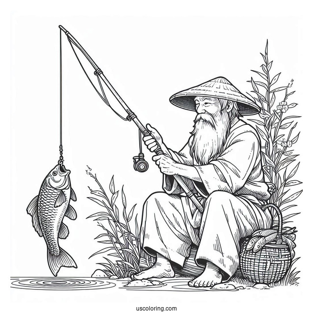 Old Man Holding Large Fish And Fishing Coloring Page Rod For Kids