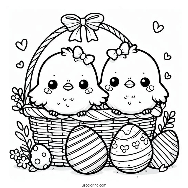 Easter Coloring Page Of Kawaii Chicks Standing Next To Easter Egg Basket For Kids