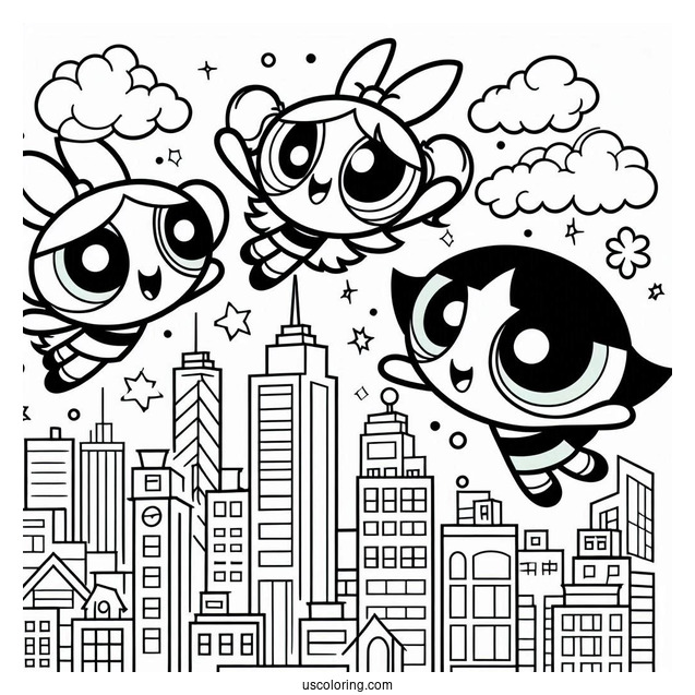 Powerpuff Girls Flying Over City To Color
