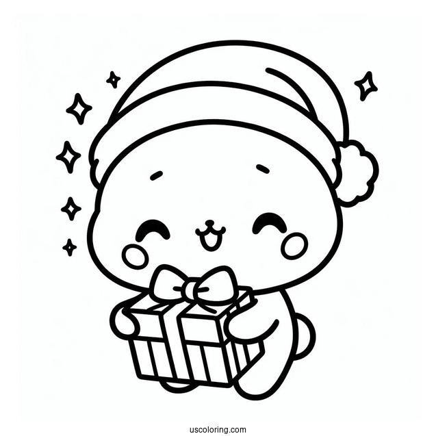 Easy Pochacco Coloring Page In Santa Hat Holding Christmas Present
