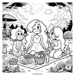 Detailed Steven Universe Coloring Page With Connie, Sardonyx, And Amethyst Having Picnic