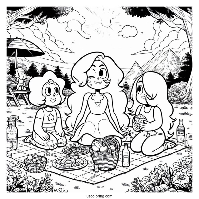 Detailed Steven Universe Coloring Page With Connie, Sardonyx, And Amethyst Having Picnic