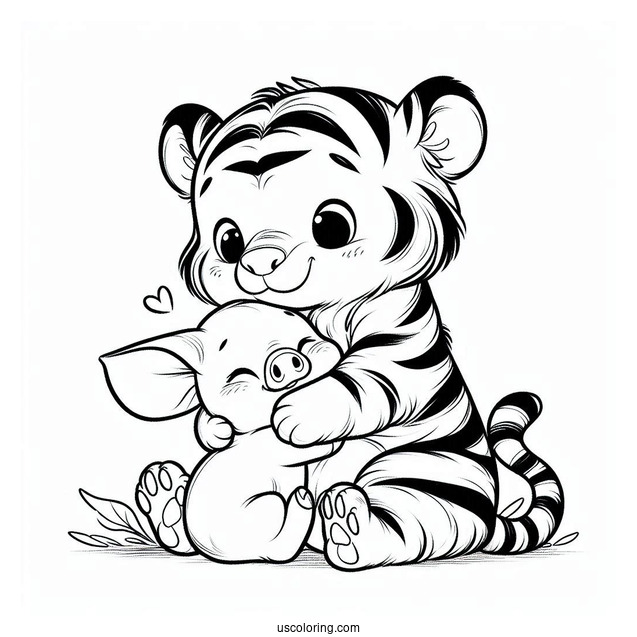 Tiger Hugging Piglet Coloring Page