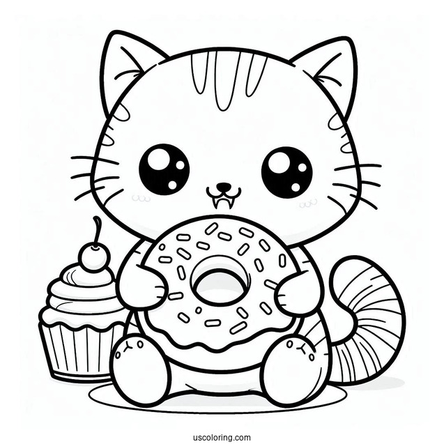 Coloring Sheet Of Cute Cat Eating Donut