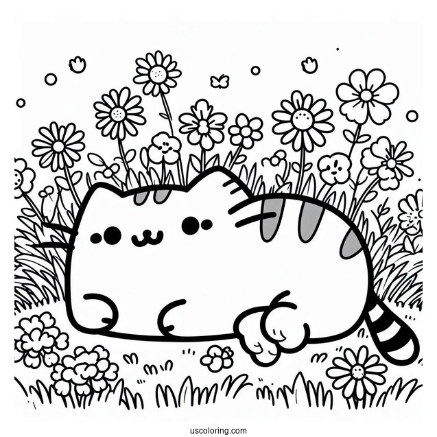 Pusheen Lying In Field With Flowers To Color